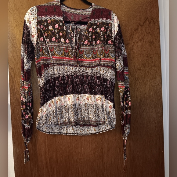 Unbranded~Purple Colorful Floral Tie Neck Long Sleeve Patchwork Peasant Blouse - Picture 9 of 9